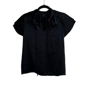 Ann Taylor Petite Black Pleated Sleeve V-Neck Tie Neck Top MP